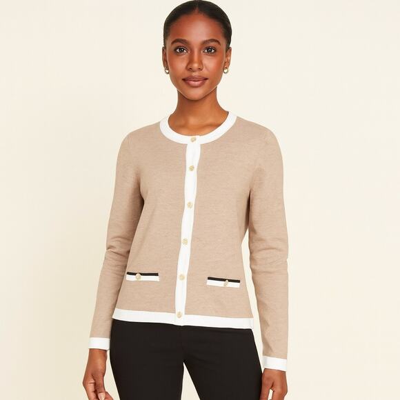 Karen Scott Cardigan NWT Size Medium Petite Contrast Trim Chestnut Cottagecore - Picture 1 of 8